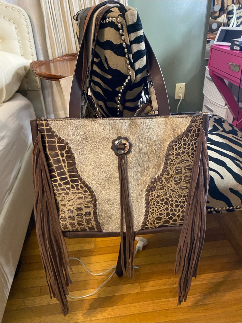 Ariat Brown and Cream Fringe Tote with Haircalf and Croc Emboss